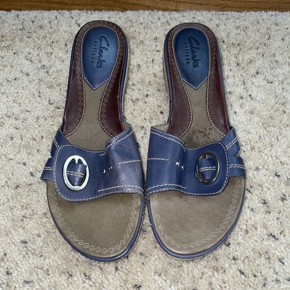 Clark’s Artisan Comfort Espadrille Wedge Women’s Blue Leather Sandals Sz 8